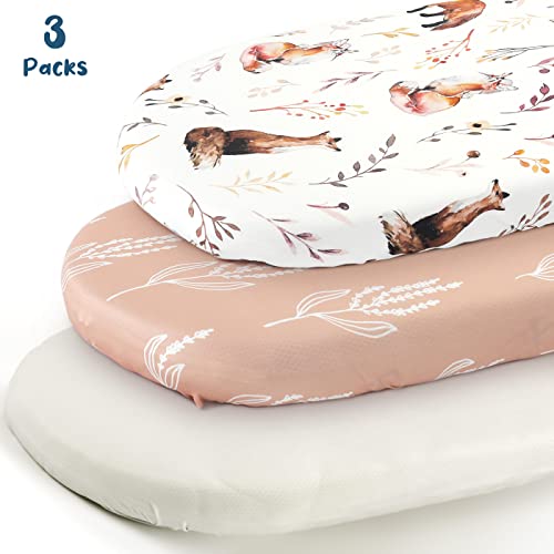 Image of GRSSDER Stretchy Ultra Soft Fitted Bassinet Sheet Set 3 Pack, Universal Fit for Bassinets Baby Cradle Moses Basket Oval Rectangle Mattress, Pretty Fox for Baby Girls