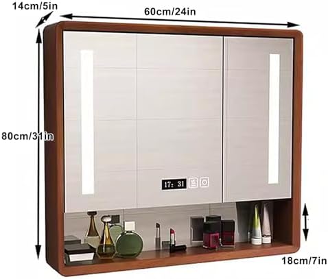 Lighted Bathroom Mirror Cabinet with Storage, Wall-Mounted Anti-Fog Medicine Cabinet, 60x14x80cm, Clock & Room Temperature Display, Modern Design for Home Use