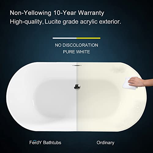 FerdY Acrylic Freestanding Bathtub, Ergonomic Lightweight Classic Oval Soaking Bathtub with Chrome Drain, Classic Slotted Overflow, Modern White- Shangri-La 59