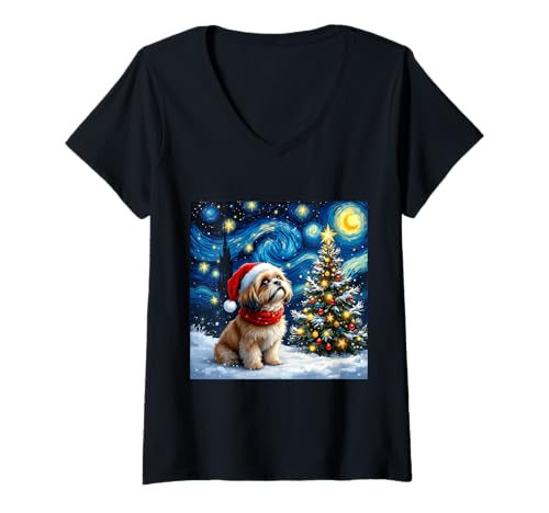 Mujer Shih Tzu Starry Night Christmas Van Gogh Dog Santa Hat Camiseta Cuello V