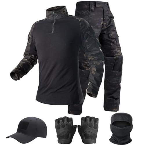 Tactical Suit,Combat Pants and Shirt,Cap Gloves Balaclava Set,Black Camo Uniform Men’s Military Airsoft Gear