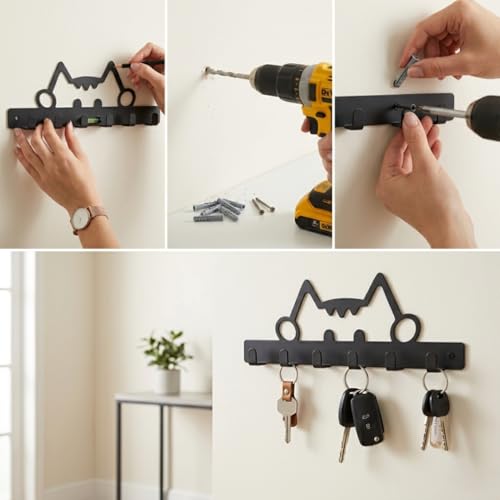 Image of Key Holder for Home, Metal Wall Mounted, 6 Hooks (Cute Cat) | Cat Design, Includes Mounting Screws, For Home Use, 6 Hook Hanger, Metal Construction