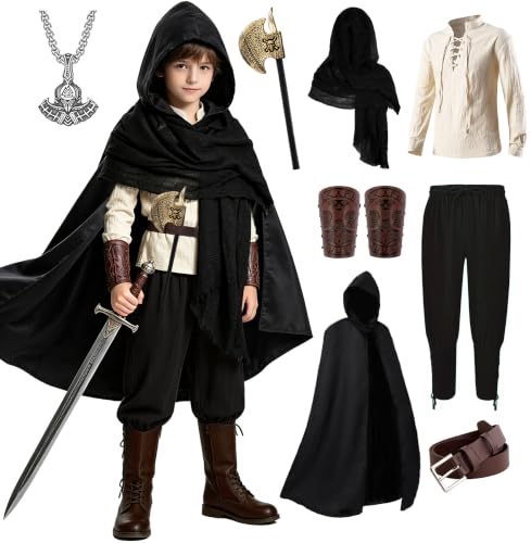 Image of 8 Pcs Medieval Costume for Boys Renaissance Viking Pirate Tunic Outfit for Kids