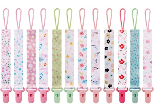 Image of 12 Pack Floral Baby Pacifier Clip for Girls, Cute Flower Printed Pacifier Holder, Sweet Stylish Design, Secure Clip, Lovely Baby Girl Gift