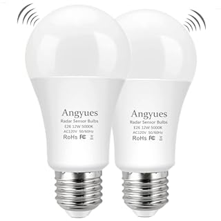 Angyues Radar Motion Sensor Light Bulb, Adjustable Detection Range 12W (100 Watt Equivalent) A19 Motion Sensing Outdoor Bulb Auto-Activated Dusk to Dawn LED Bulb, Daylight 5000K E26 1100LM, 2Pack