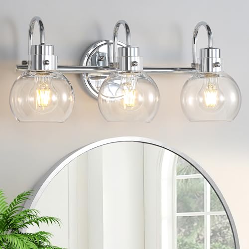 Image of Bathroom Light Fixtures Polished Chrome 3 Light Vanity Light Wall Sconces Lighting with Clear Globe Glass Shades Bath Wall Mount Lamp for Mirror Kitchen Porch Living Room Bedroom Hallway(E26)