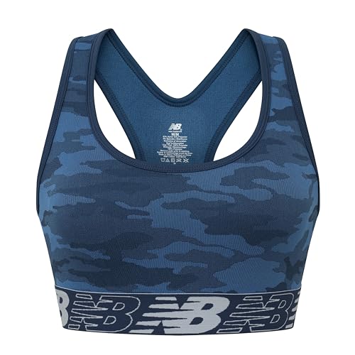 New Balance Womens Seamless Wirefree, Racerback Sports Bra with Removable Pads, Bottom Band with Logo