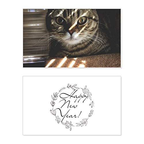 Tarjeta conmemorativa de Año Nuevo con foto de gato y textos de bendición