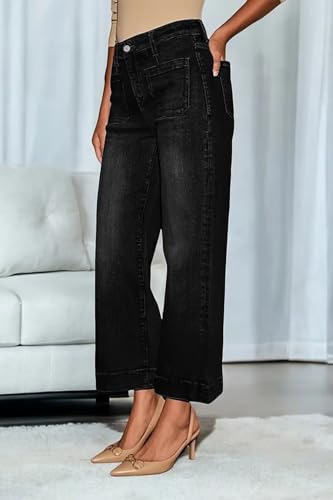 Allimy Women's High Waisted Cropped Wide Leg Jeans Stretchy Loose Denim Pants with Front Patch Pockets3