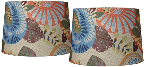 Set Of 2 Tapered Drum Lamp Shades Multi Color Tropic Abstract Floral Medium 14" Top X 16" Bottom X 11" Slant Spider With Replacement Harp And Finial Fitting - Springcrest #TOP25