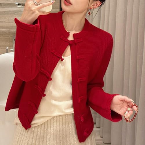 Chinese New Year white red buckle fashionable simple wool sweater festive round neck top4