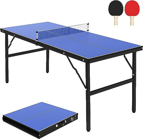 GAOMON Portable Ping Pong Table,Mid-Size Foldable Tennis Table with Net for Indoor Outdoor,Blue,60 x 26 x 27.5 Inch