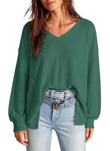 Image of Dokotoo Womens Waffle Knit Tops Trendy Fashion 2026 Oversized T Shirts | Lightweight,V Neck,Casual,Batwing Sleeve,Loose Fit,Irregular Hem,Boyfriend Style,Oversized,Fall Outfits