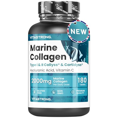 Marine Collagen with Hyaluronic Acid & Vitamin C, 180 Tablets Hydrolysed Type 1 and Collagen Type 2 Collyss & Cartidyss, Alternative to Marine Collagen Powder & Hyaluronic Acid Powder