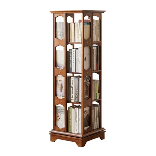 Biblioteca Estantería de pie con rotación de 360°, cuadrada y estrecha, organizador de libros esquinero de madera para espacios pequeños, dormitorio, acabado nogal, 4 niveles, 46 x 46 x 144 cm