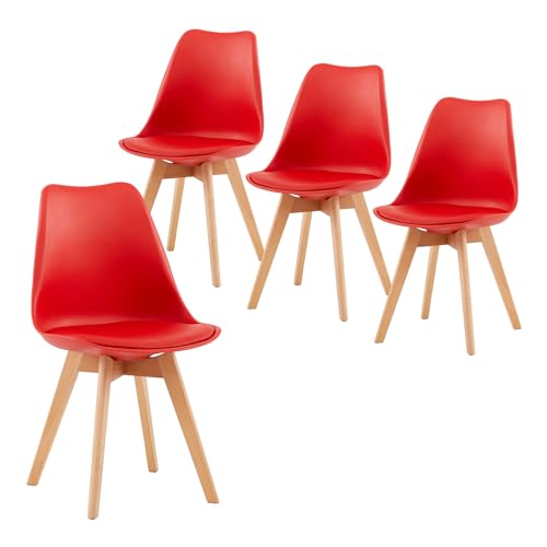 IPOTIUS Sillas de Comedor Escandinavas Modernas con Certificación SGS - Patas de Haya Natural, Respaldo Ergonómico para Cocina, Estudio o Dormitorio (Rojo, Juego de 4)