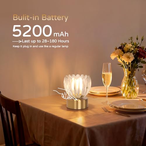 Image of Shenmoyl Cordless Small Table Lamp with 5200mAh Battery & Touch Control, Battery Operated Tulip Table Lamp with 3 Colors, Rechargeable Mini Table Lamps for Bedsides, Bedroom, Nightstand (Transparent)