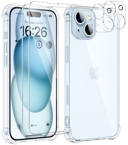 SOGUDE 5 en 1 Coque pour iPhone 15 avec 2 Verre Trempé et 2 Caméra Protecteur, Étui de Protection Antichoc avec Coussin d'air Intégré Mince Bumper Housse - Transparente