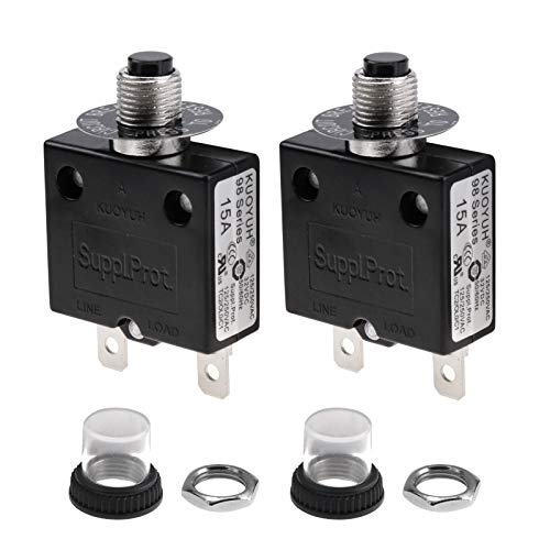 RKURCK 15 Amps Thermal Circuit Breaker, Thermal Overload Protector Push Button Manual Reset Circuit Breaker 32V DC 125/250V AC 15A 2 Pcs