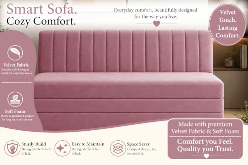 Image of 3-Seater Velvet Sofa Cum Bed | Convertible Sleeper Sofa | Modern Foldable Couch for Living Room, Bedroom & Office | Rose Pink