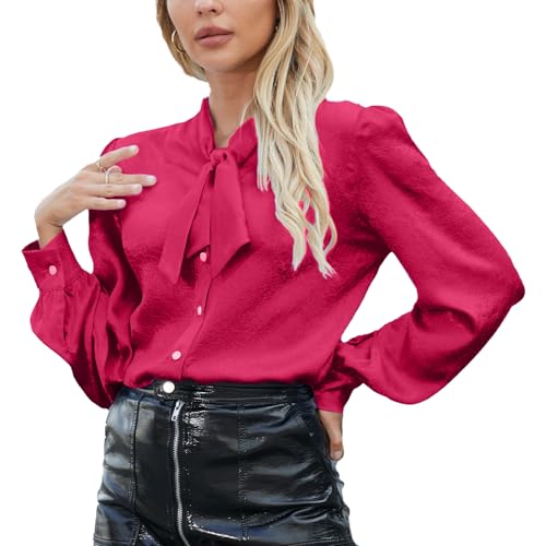 F·Y·YIYI Shirts for Women Long Sleeve Button Down Bow Tie Mock