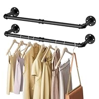 Wall Mounted Clothes Rack 36.4 Inch, 2 Pack Industrial Pipe Clothing Rack, Black Wall Clothing Rack, Multi-Purpose Clothing Hanging Rod for Closet