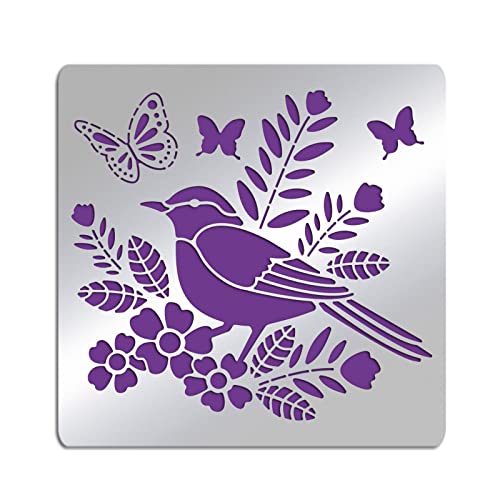 FINGERINSPIRE Pochoir Floral Oiseau en Métal 15,6 cm Carré Oiseau Papillon Scrapbooking Dessin Pochoirs Pochoirs Fleur en Acier Inoxydable pour Gravure, Pyrogravure, Journal Making