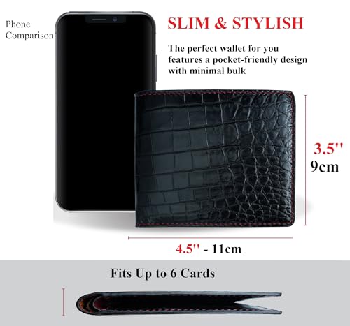 Image of Mens Black Red Slim Bifold Leather Wallets RFID Blocking Leather Wallet Double Side Luxury Passcase with ID Window Classic Handmade Gift for Dad Son Husband Boyfriend, Wedding, Father's Day VIMIX-81