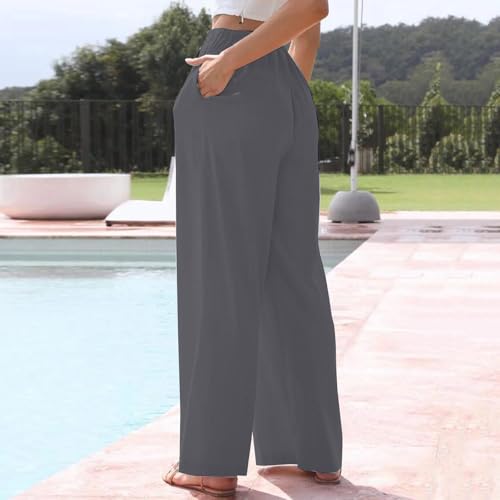 Linen Pants Women Summer High Waisted Drawstring Wide Leg Palazzo Pants Casual Flowy Boho Beach Pants with Pockets4