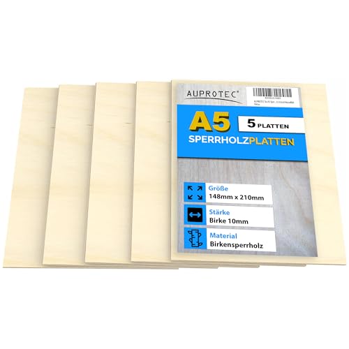 AUPROTEC 5x A5 Sperrholz-Platten Birke 10mm Multiplexplatten (148 mm x 210 mm) Bastel- und Laubsäge-Holzplatten Birke Massiv Multiplex Holz Industriequalität