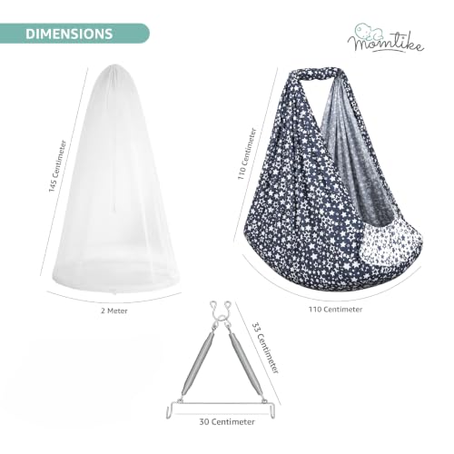 Image of Baby Cradle Swing for Newborns | Cotton Fabric Filled with Recron Fibre | Hanger Spring, Mosquito Net & Mattress with Insert Pocket | Jhoola, Thottil, Joli, Jokali, Onjal (Navy Star)