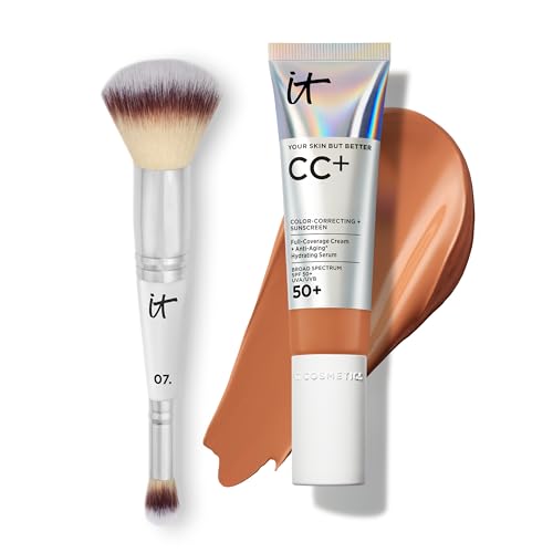 IT Cosmetics CC+ Cream with SPF 50+ Natural Finish Full Coverage Foundation (Rich Cool - 1.08 fl oz) & 2-in-1 Concealer and Foundation Brush #7 for Buffing and Blending Face Makeup