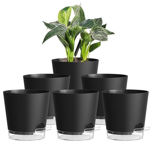 Macetas de 15 cm con riego automático para interiores, paquete de 6 macetas de plástico con agujeros de drenaje y platillo, ideales para todas las plantas de interior y exterior (color negro con