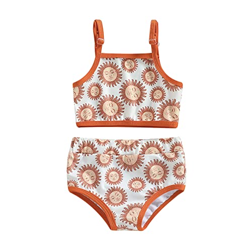 Baby Girl Rash Guard Swimsuit Sleeveless Sun Print Halter Tank Tops Shorts Bikini Crop Top Split Swimwear Set (Yellowish-Brown, 9-12 Months)