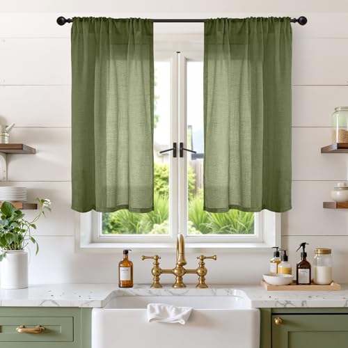 Image of BGment Olive Green Linen Curtains 40 Inches Long for Cafe Kitchen - Small Half Window Drapes Semi Sheer Light Filtering with Rod Pocket Textured Lightweight, 2 Panels Set, Each 30 Inch Wide