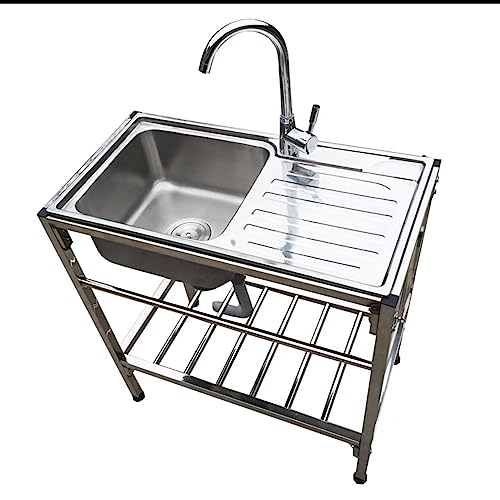 Fregadero de acero inoxidable con grifo comercial, unidad de drenaje independiente, estantes de almacenamiento, uso en interiores y exteriores, fácil de limpiar, ideal para el hogar y el negocio