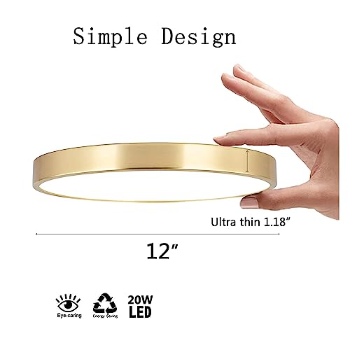 Sottae 12 Inch Brushed Gold Flush Mount Led Ceiling Light,3000-5000K 20W Thin Round Ceiling Lamp,Modern Low Profile Ceiling Light Fixtures For Bedroom Living Room Kitchen Entryway Bathroom #TOP2