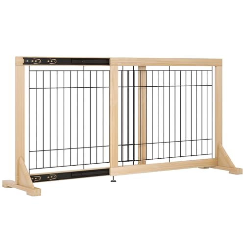YOCAN Adjustable Freestanding Dog Gate for Doors & Stairs, 23.6" Tall, 23.6–45.3" Wide, Wood & Metal Pet Gate, No Drill Pressure Mount, Indoor Safety Barrier (Black/Natural)