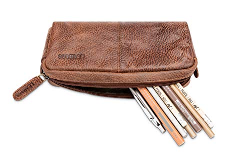 Image of LEABAGS Fort Wayne Genuine Buffalo Leather Pencil case I Vintage Pen Holder I Small Pencil case, Western Brown, One Size, Fort Wayne