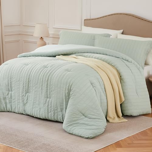 Quataly Juego de ropa de cama Queen de 3 piezas, juego de ropa de cama seersucker (1 edredón suave y mullido y 2 fundas de almohada), para todas las estaciones, acogedor, rústico, verde salvia