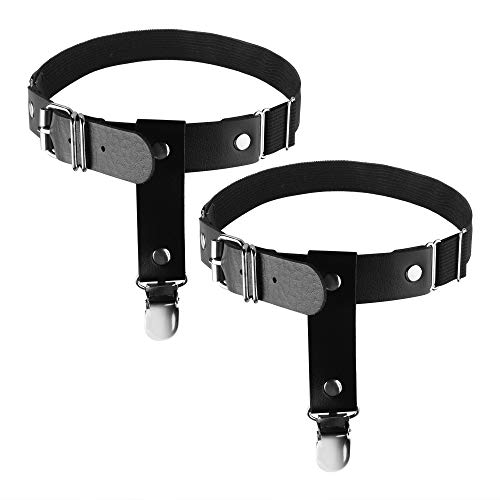 Beautyflier 1 Pair Women's Sexy Leg Garter Belt Anti-Slip Clips PU Leather Elastic Punk Harness Black