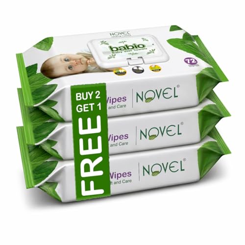 Image of Novel Baby Wet Wipes 72 Wipes x Pack of 3 (216 Wipes) | Aloe Vera, Chamomile, Vitamin E Enriched | pH Balanced, Alcohol, Hypoallergenic & Paraben-Free | Soft Gentle Baby Wipes with Lid