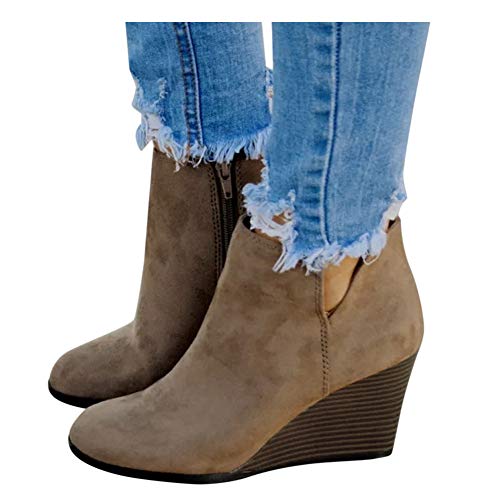 Women's Wedges Ankle Booties Retro V Cutout Comfy Short Boots Flock Leather Zip Closure Stacked Chunky Block Heels Shoes