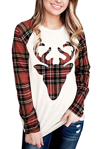 Christmas Women Plaid Long Sleeve Party Sweatshirt Color Block Raglan Reindeer Shirt 2XL