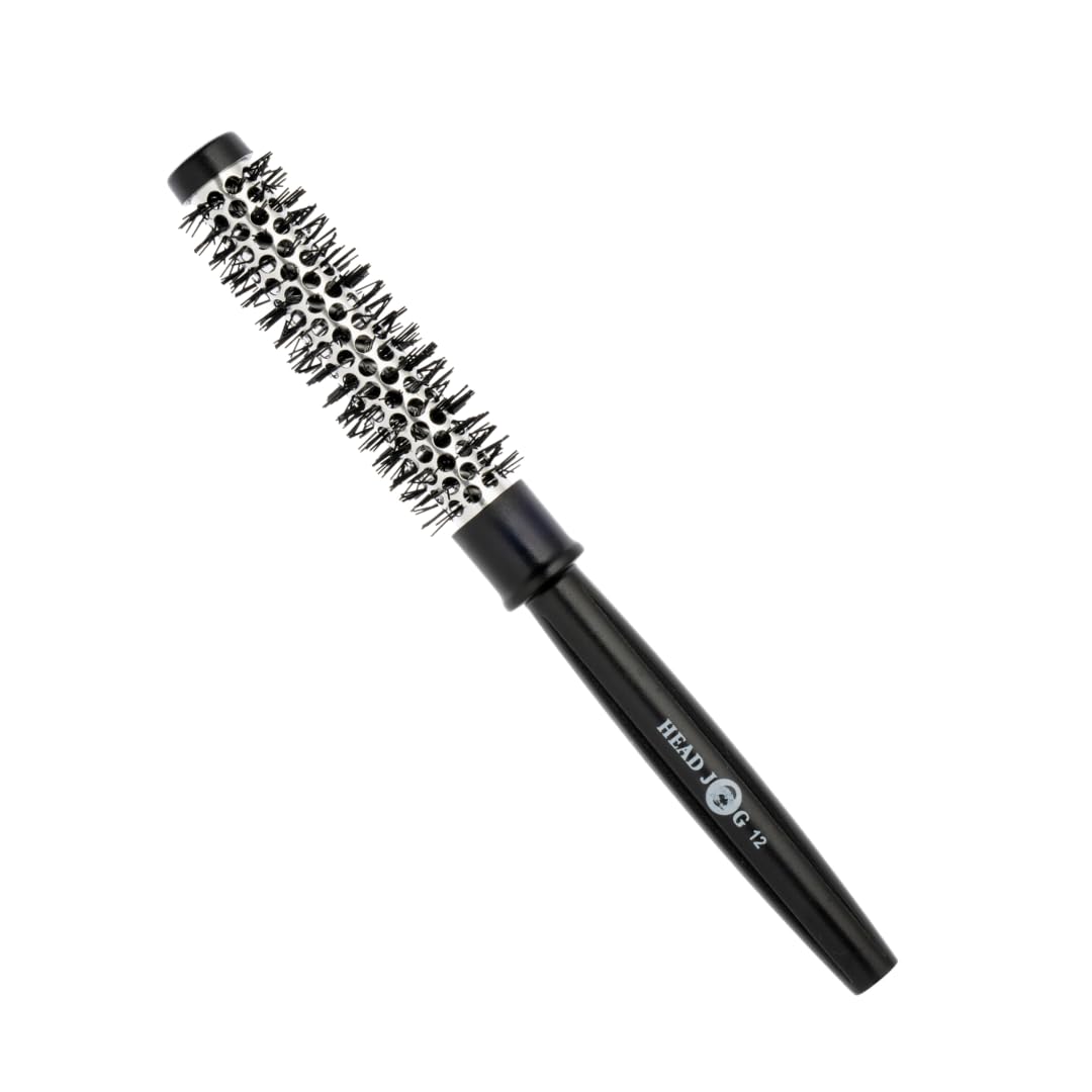 Head Jog Heat Retainer 15mm Brush. Black & Silver Styling Round Hairbrush