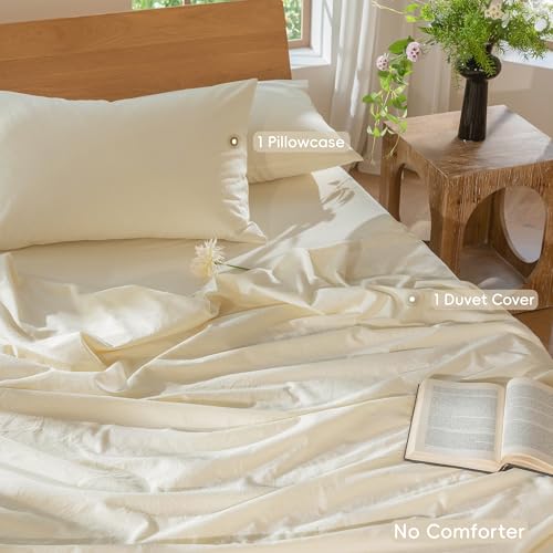 Image of MooMee Duvet Cover Set 100% Washed Cotton Linen Like Twin | Relaxed Linen-like Texture. Soft, Breathable & Long-lasting Comfort. Lightweight. Hidden Zipper with 8 Interior Corner Ties