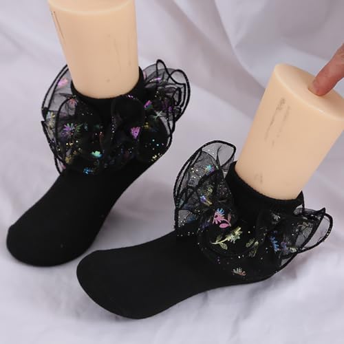 2 Pairs Glitter Flower Ruffle Double Layer Lace Princess Socks Casual Comfy Frilly Dress Ankle Socks Cute Soft Crew Socks3