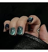 Press on Nails Short,Square Cat Eye Fake Nails with Dark Green Glossy Design Full Cover Reusable ...
