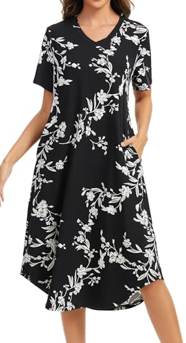 Image of Kabento Nightgowns for Women Cotton Short Sleeve Long Night Gowns with Pockets