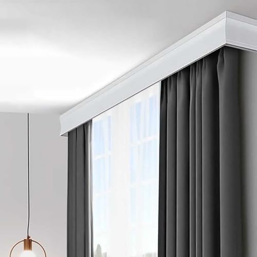 Custom Metal Double Track Curtain Rod with Valance, 4.9ft Ceiling Mount Drapery Rail for Bedroom, Office, Living Room, Decorative Cornice Panel/Board, Adjustable Lengths 3-16ft